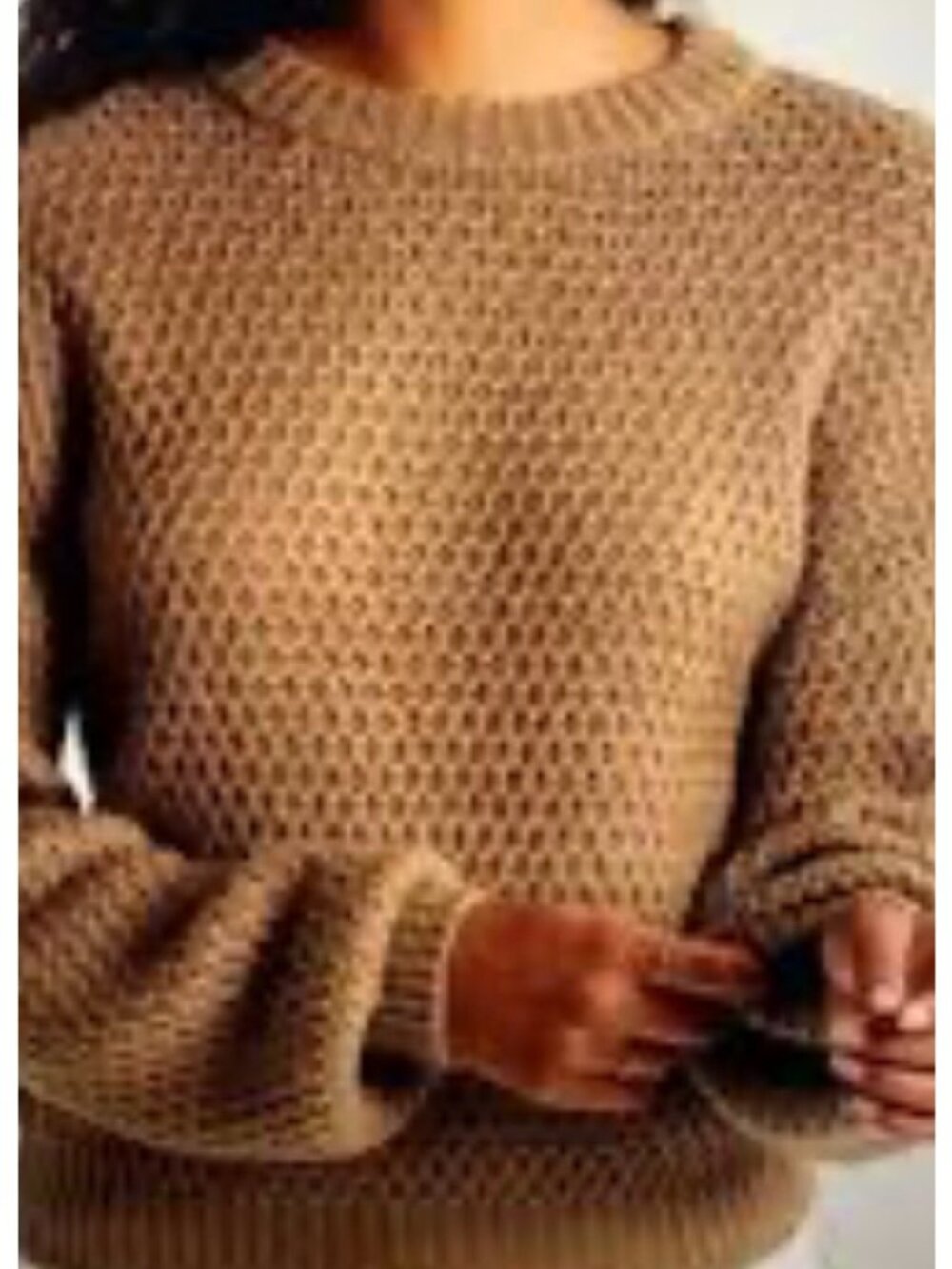 Abercrombie & Fitch large camel brown Waffle Balloon Sleeve Crew Neck Sweater